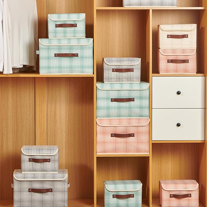 Storage Boxes with Lid 3D Textured Fabric Storage Bins Closet Organizer Containers Decorative Collapsible Washable Shelf Baskets with Faux Leather Handles (Light Salmon, Small Size)