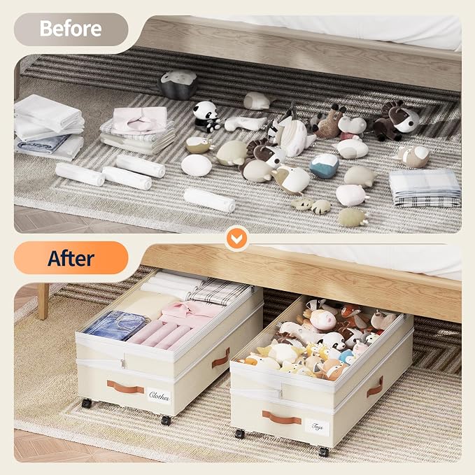 Yecaye Under Bed Storage with Wheels, 8 in-11 in Height Adjustable Under Bed Storage Containers, 90 L Under Bed Shoe Storage with Lids & Label, Rolling Underbed Storage bins for Clothes, Beige