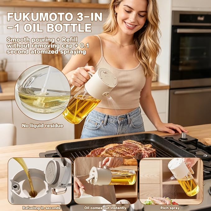 3-Piece Oil Dispenser Set, 580ml 3-in-1 Olive Oil Sprayer and Pourer, Includes Oil Bottle with Silicone Basting Brush and Large-Capacity Glass Dispenser for Air Fryer, BBQ and Baking