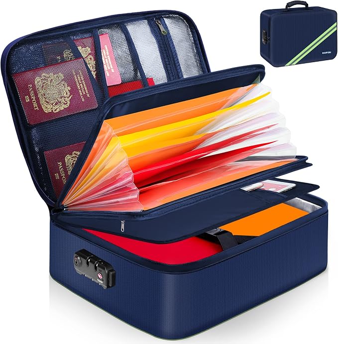 Noiposi Fireproof Document Box with Lock 5200℉ Water Resistant | Portable ,Home ,Travel Strong Document Storage Organizer for Important Documents,File and Birth Certificate ,Blue