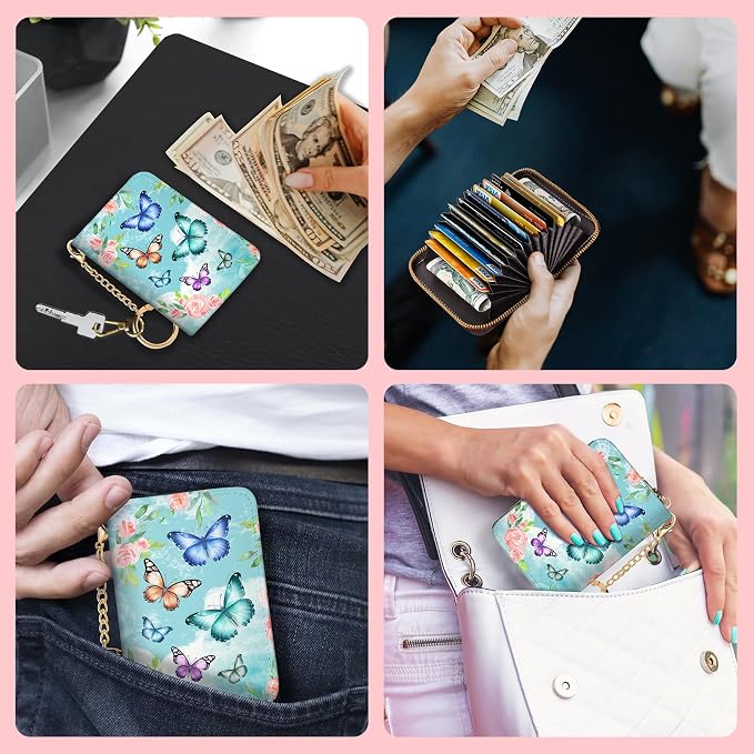Blusabaca RFID Credit Card Holder Small Women Travel Wallet, Butterfly | Removable Keychain, Case with Zipper, Vegan PU Leather, Cash Coin Pocket, Business Accordion Purse, Ladies Female Gift