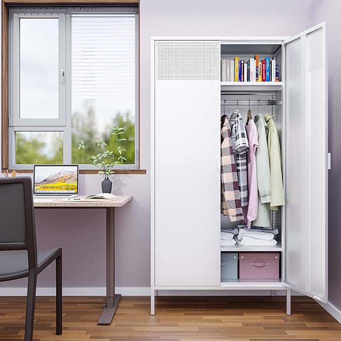 Washsemba Metal Storage Cabinets Locker with Hanging Rod and Adjustable Shelves, 71'' Clothing Steel Storage Wardrobe for Home & Office, School, Employee,Gym(White, 71''H-Wardrobe)