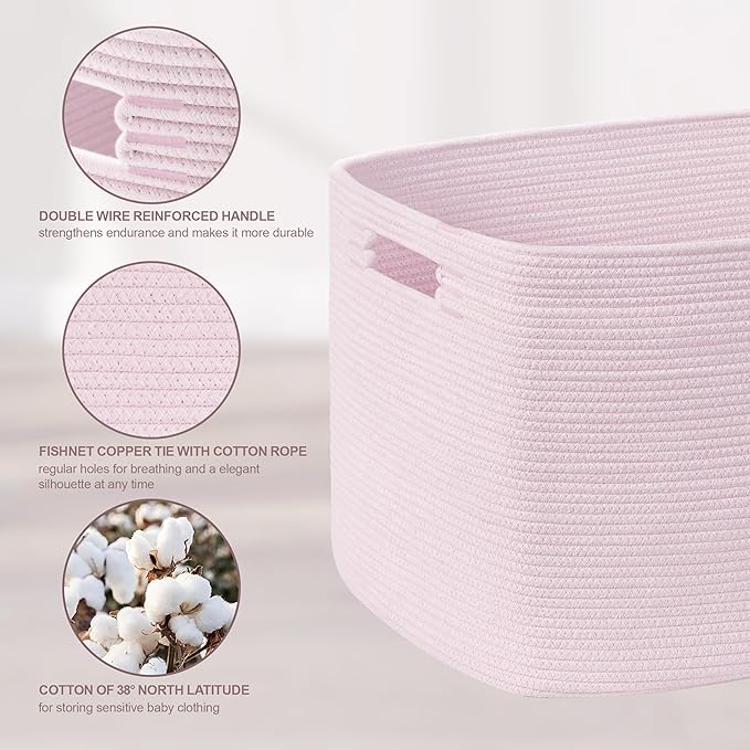 72L Large Woven Laundry Basket Hamper with Handles, Pink | 22"x17"x12", collapsible wicker hamper, storage for dirty clothes, toys, blankets, gifts, living room, bedroom, bathroom