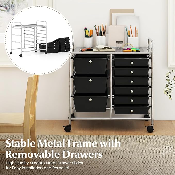 COSTWAY Rolling Storage Cart with 9 Drawer, Utility Cart with Metal Frame | Mobile Art Supply Craft Organizer, Multipurpose Storage Organizer for Paper, Office, School Teacher, Classroom, Black