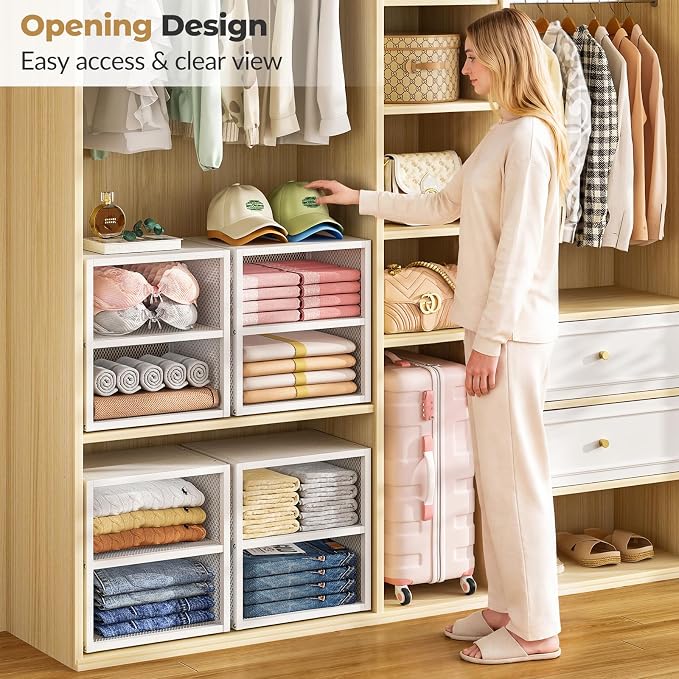 DAOUTIME 4-Tier Stackable Closet Organizers and Storage Shelves, Closet Storage Basket with Wood Tops Extra Storage, Clothes Sweaters Organizer Bins/Cube Storage Drawer for Home Wardrobe, White