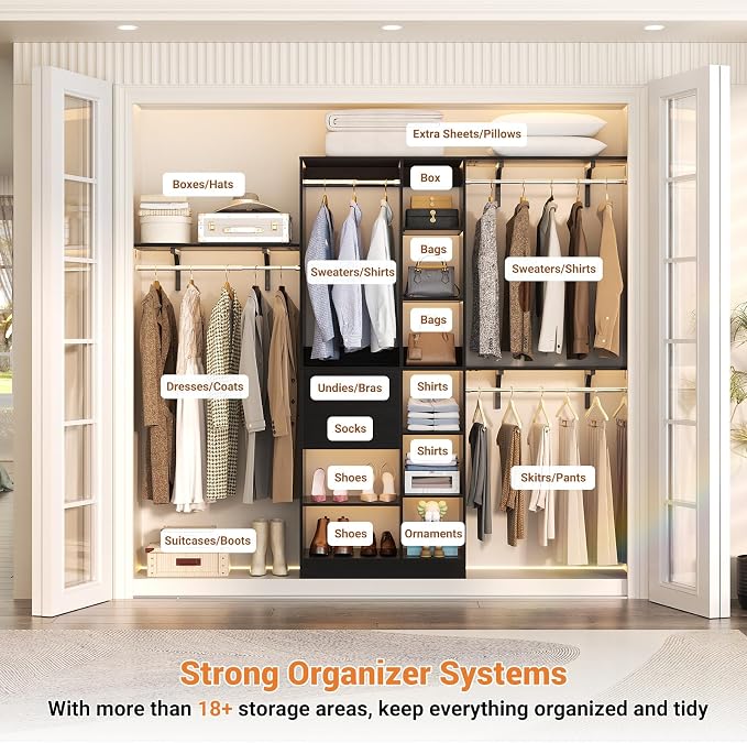 Armocity 8FT Heavy Duty Wood Closet System, 1500 LBS+ Capacity Wall Mounted Walk-in Closet Organizer with 2 Drawers & 4 Hanging Rods, 96'' Custom Bedroom Storage Wardrobe, Black