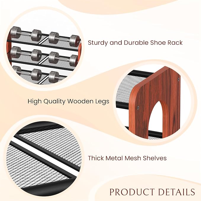 Wooden 4-Tier Shoe Rack, Free Standing Shoe Storage Organizer with Wood Legs and Metal Mesh Shelves, Shoe Shelf for Entryway, Closet, Hallway