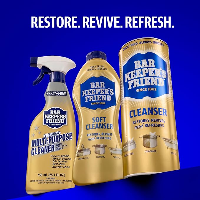 Bar Keepers Friend Soft Cleanser 26 oz + Spray & Foam Multipurpose MORE Spray Cleaner 25.4 oz, Multi Purpose Cleaner Bundle, Removes Grease, Rust Stains, Soap Scum & More in Home & Outdoors