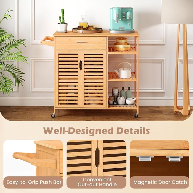 Bamboo Kitchen Island Cart, Rolling Butcher Block with Large Drawer, 2-Door Cabinet, 3-Tier Open Shelves, Towel Rack, Kitchen Carts on Wheels with Storage for Dining Room