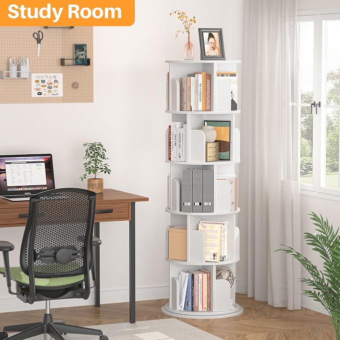 Aheaplus 5 Tier Rotating Bookshelf, Wood Spinning Bookshelf Tower, Round Revolving 360 Bookcase, Narrow Turning Book Shelf Rolling Corner Organizer for Small Space, Bedroom, Office, White