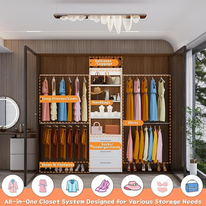 Closet System with 3 Drawers, 4FT-9FT Custom Closet Organizer System Modular Walk in Closet Storage Wooden System with 4 Expandable Hanging Rods Adjustable Shelves White