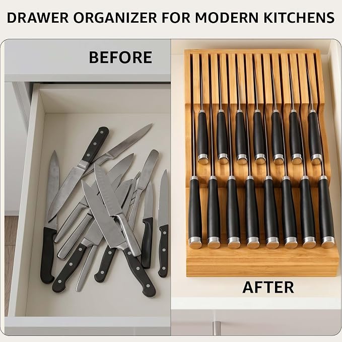 Flareware Bamboo Knife Drawer Organizer - 15-Slot In-Drawer Block for Steak & Large Knives, 2-Tier Bamboo Holder, Space-Saving Storage Organizer - (Knives Not Included)