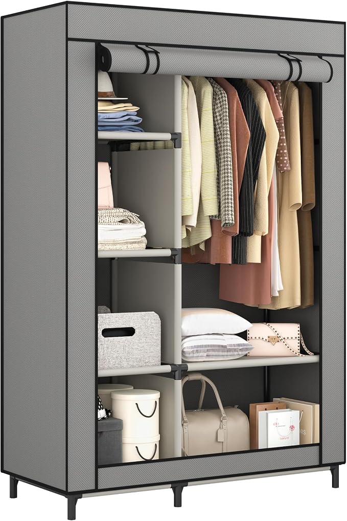 Calmootey Portable Closet Organizers, Clothing Storage, Wardrobe with 6 Shelves and Hanging Rod, Non-Woven Fabric Cover with 4 Side Pockets, Grey