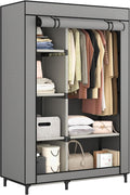 Calmootey Portable Closet Organizers, Clothing Storage, Wardrobe with 6 Shelves and Hanging Rod, Non-Woven Fabric Cover with 4 Side Pockets, Grey