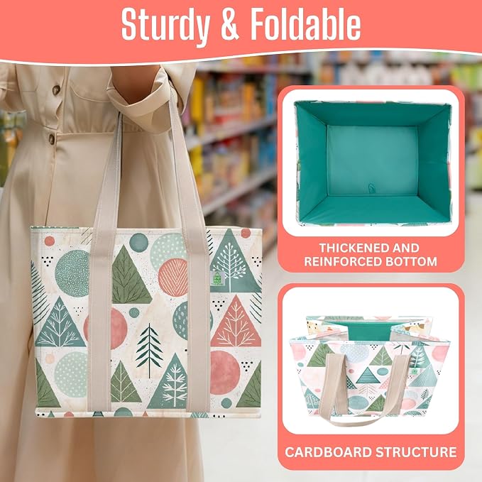 VENO 3 Pack Reusable Grocery Bags, Shopping Bags for Groceries, Tote with Handles and Hard Bottom, Foldable Shopping Cart Organizer, Water Resistant, Heavy-Duty (Pastel Forest, 6 Gallon)