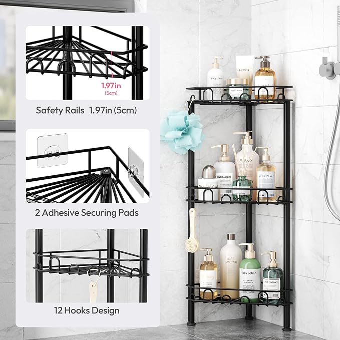 SWTYMIKI Standing Shower Caddy Corner - 3‑Tier Stainless Steel Shower Organizer Shelf with 12 Hooks and Adhesive Pads, Rustproof Corner Shelves Stand Rack for Bathroom Shower Room, Black