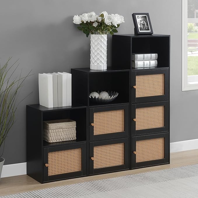 Convenience Concepts Xtra Storage Boho Weave 3 Door Cabinet 16.5" - Modern Rattan Organizer with Shelf for Living Room, Bathroom, Office, Home Library, Closet, Black/Beige Barley