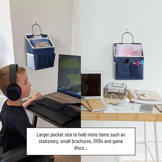2pcs Wall Hanging Storage Bag, Small Door Closet Linen Fabric Pockets Organizer, Waterproof Multi Functional for Living Room Bedroom Bathroom Kitchen RV Camper with Hooks All Navy
