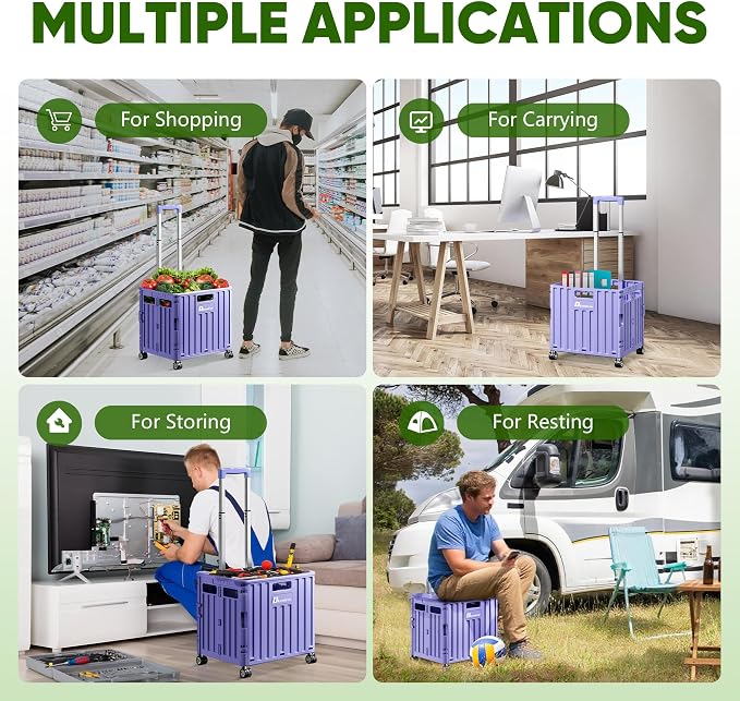 Folding Utility Cart, Portable Rolling Crate Handcart Collapsible Shopping Trolley with Lid, Foldable Tool Box Basket with 4 Rotate Wheels for Grocery, Office, Luggage, School - Purple