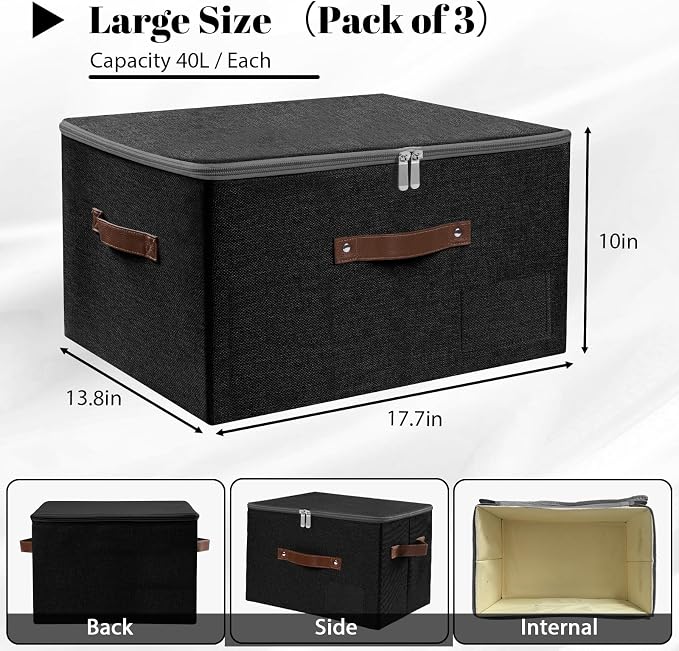 ANMINY Fabric Storage Box Bins with Zipper Lid, Washable Black, 3PCS | Cotton Linen Fabric, PP Board Frame, Label Holder, Stackable & Foldable, PU Handles, Dual-Zipper 3-Side Open Lid, Large
