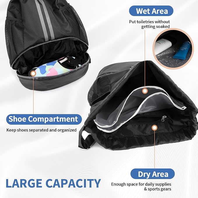 JELUTAR Drawstring Backpack Gym Bag with Shoes Compartment, Black | Water-Resistant String Backpack for Soccer, Basketball, Swim, Beach Cinch for Women Men, 18 L Large Capacity, Wet Pocket