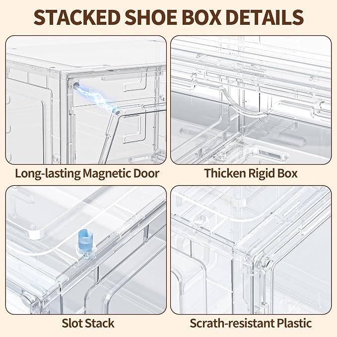 6 Pack Hard Plastic Clear Shoe Storage Organizer Boxes, White | Heavy Load Up to 80lb,Acrylic Magnetic Door,Stackable,Easy to Assemble,Dust-free,for Closet,Entryway,Under Bed,Small Space