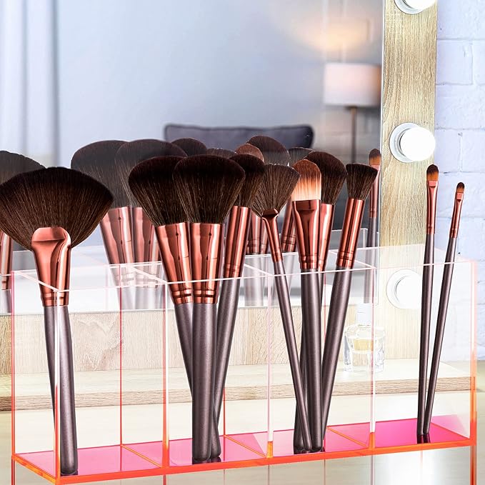 Clear Acrylic Makeup Brush Organizer with Neon Pink Base, 4 Sectional Office Desk Organizer, Makeup Brushes Bathroom Accessories Holder, Pen Holder for School Supplies & Dorm Room Essentials