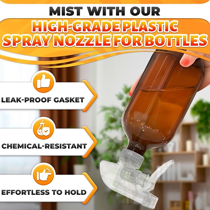 ALPENKOK 6 Pack Spray Nozzle for Bottles, Trim-To-Fit Tube; Plastic (Clear) | Spray Bottle Nozzle Replacement; Fits 8 and 16 Oz; Trigger Sprayer with Mist, Stream & Off Modes; for Cleaning and Garden