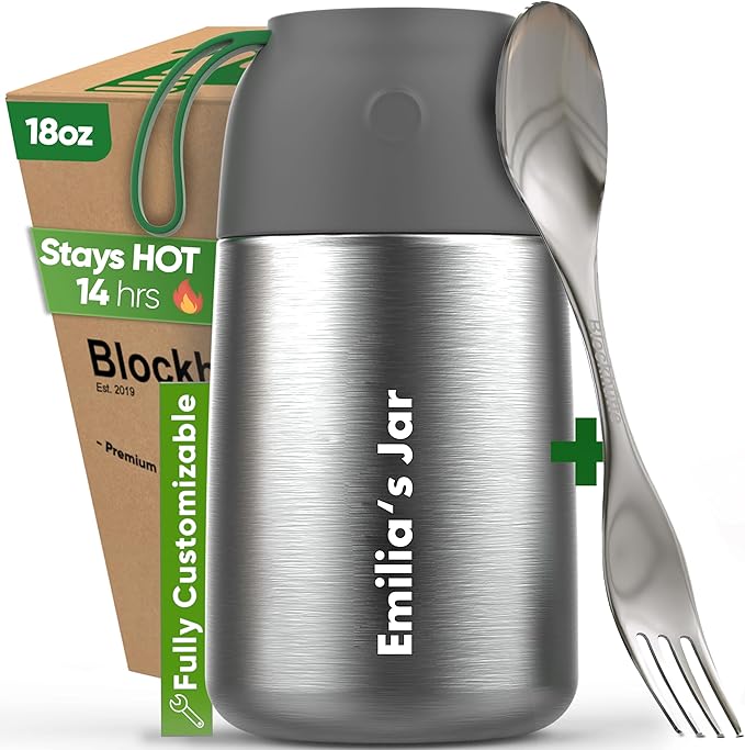 Blockhütte Thermos for Hot Food 18 oz Silver with Custom Name Engraving – Leakproof Insulated Food Lunch Box BPA-Free Stainless Steel – Vacuum thermal lunch box Dishwasher Safe with Spork & Bag