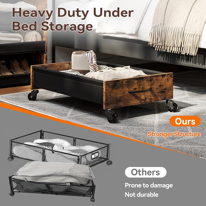 FOUCSSOMEI Under Bed Storage with Wheels, Under Bed Storage Drawers on Wheels, Metal Frame Under Bed Shoe Storage, Space-Saving for Bedroom Closet Organization