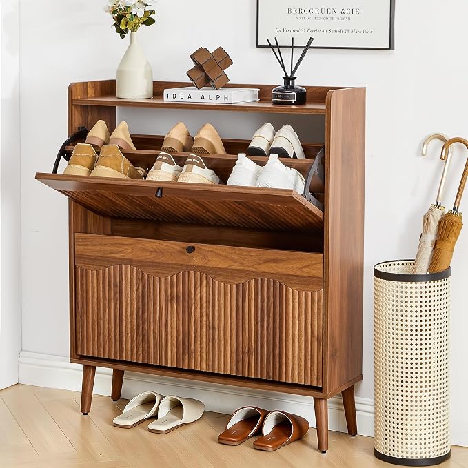 BERRYMERRY 31.5" Fluted Shoe Storage Cabinet with 2 Flip Drawers, Narrow Shoe Storage Organizer Rack with Wave Door for Entryway, Hallway, Living Room