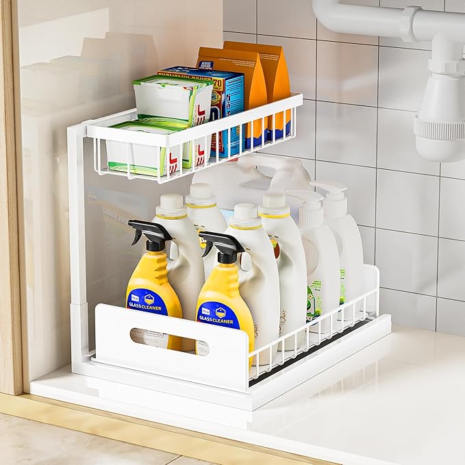 VUSIGN Under Kitchen Sink Organizer 2 Tier, Pull Out Bathroom Sink Organizers and Storage, Cabinet Kitchen Bathroom Storage Organization Shelf, 1 Pack White