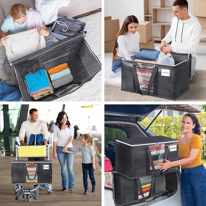 HomeHacks 4 Pack Extra Large Moving Bags with Visual PVC Window & Zippers, Storage Totes with Reinforced Handles, Heavy Duty Storage Bags for Packing, Moving, Storage (125L,Grey)