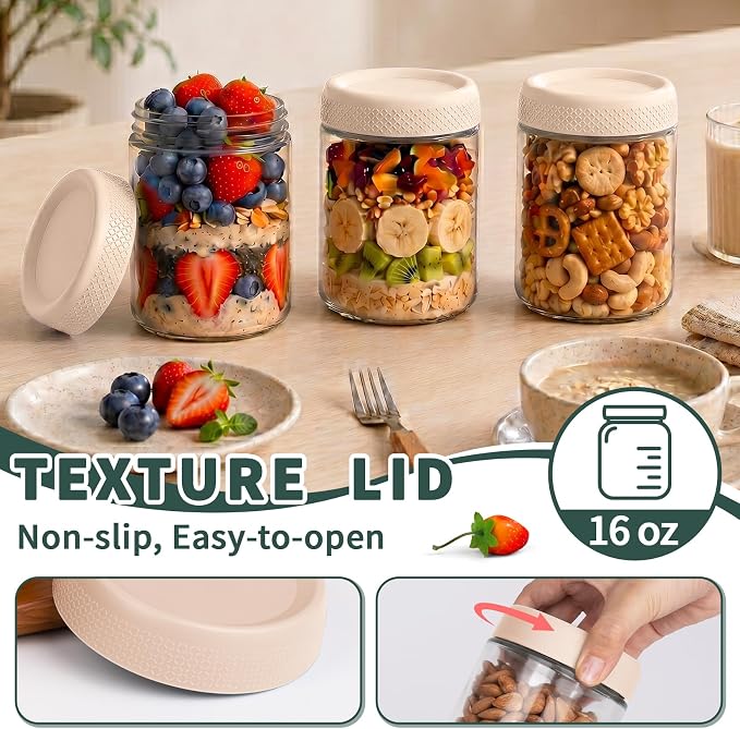 16 oz Overnight Oats Containers with Lids, Yogurt Containers with Lids | 6 Pack Glass Storage Containers with Lids, Wide Mouth Mason Jars, Glass Jars with Airtight Lids for Yogurt, Chia Seed, Prep