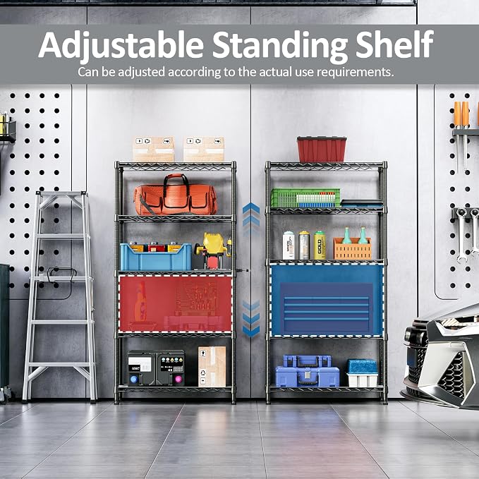 Storage Shelving Unit for Garage and Pantry, 30" Wide Metal Wire Shelf | 5-Tier, 13.8" D x 29.5" W x 59.5" H, 1750 lbs Organizers and Storage Black Shelves for Garage, Kitchen, Office and Laundry