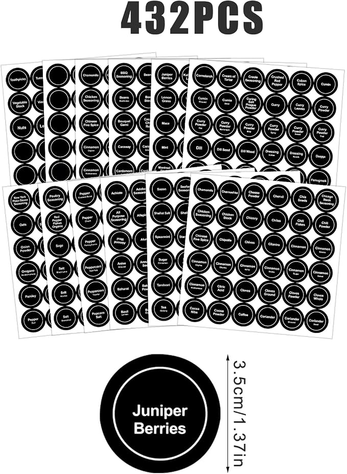 Savita 432 Pack Pre-Printed 1.4" Round Spice Jar Labels Seasoning Labels for Spice Rack (Black)