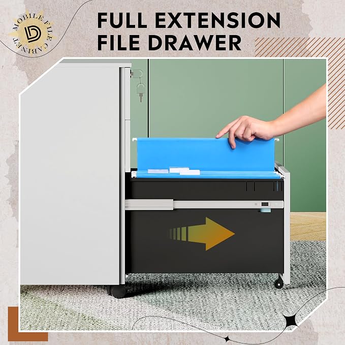 DEVAISE 3 Drawer Mobile File Cabinet with Lock, Under Desk Metal Filing Cabinet for Home Office Fit Legal/Letter/A4 File, Fully Assembled - White