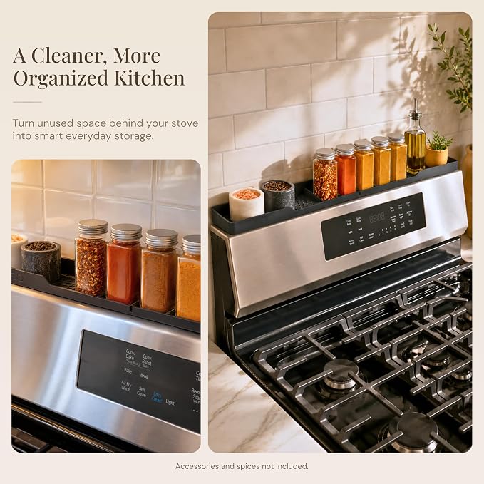 TEO Silicone Magnetic Stove Top Shelf, Over the Stove Spice Rack, Black | 30 Inch, Over Oven Shelf, Built-in Magnets, Heat-Resistant, Dishwasher Safe, Kitchen Spice Storage Organizer