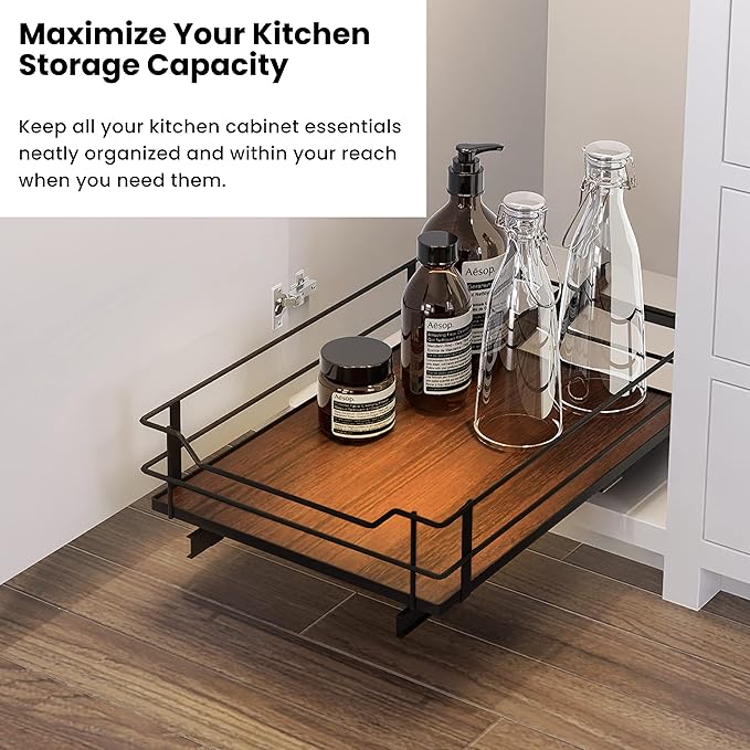 Home Zone Living Pull Out Kitchen Cabinet Organizer with Slide Out Drawer for Space Saving Storage, 14”W x 21”L, Matte Black Dark Brown Wood Finish