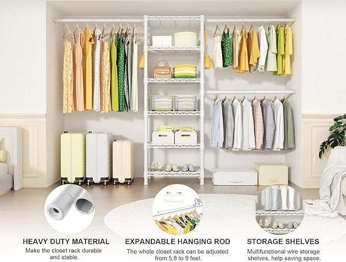 Ulif M5 Wall Mounted Clothes Garment Rack, Heavy Duty Closet Storage and Organizer with 6 Shelves and 3 Expandable Hanger Rods, Space Saver Suit (46.2-102.4)" W x 14" D x 83.1" H, White