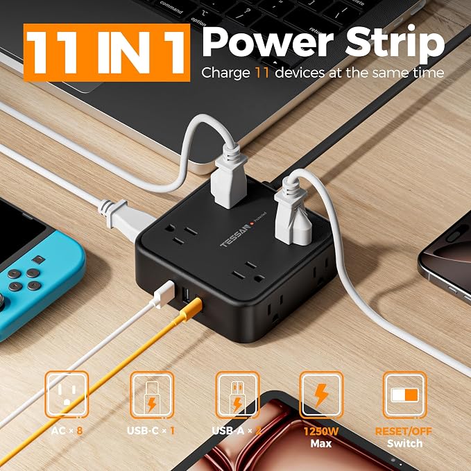 TESSAN Surge Protector Power Strip, 10 Ft Flat Plug Extension Cord with 3 USB (1 USB C) 8 Outlets, 900J Protection, 3 Sided Outlet Extender with Power Switch for Office, Dorm Room, Black
