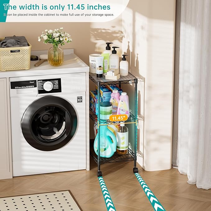 SINGAYE Small 3 Tier Shelves Wire Storage Shelving Adjustable Metal Shelf | With Wheels Home Storage Small Rack Pantry Closet Unit for Laundry Room Organization Bathroom Kitchen