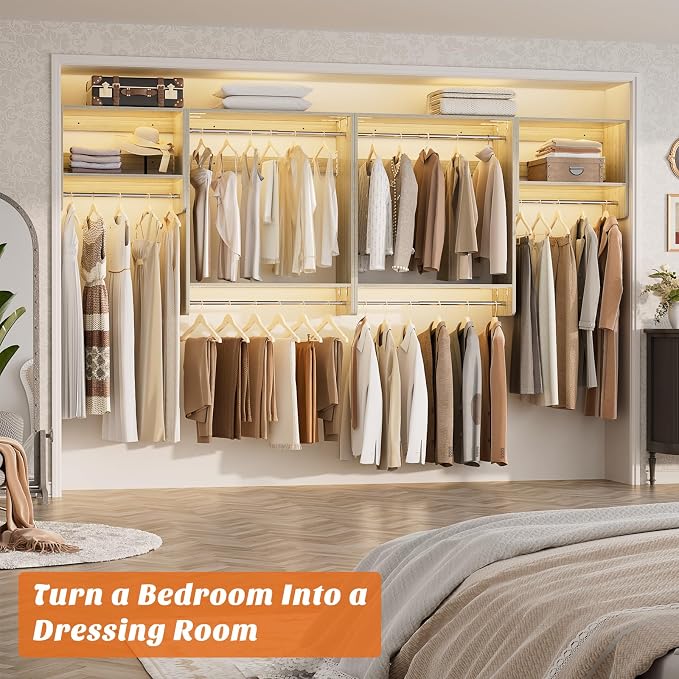 Unikito 36” - 60” Closet System, 5FT Walk in Closet Organizer Starter Kits with 3 Hanging Rod and 3 Shelves, Heavy Duty Reversible Wood Clothing Rack, Cut Be Cut to Fit, Max Load 800 LBS, White Oak
