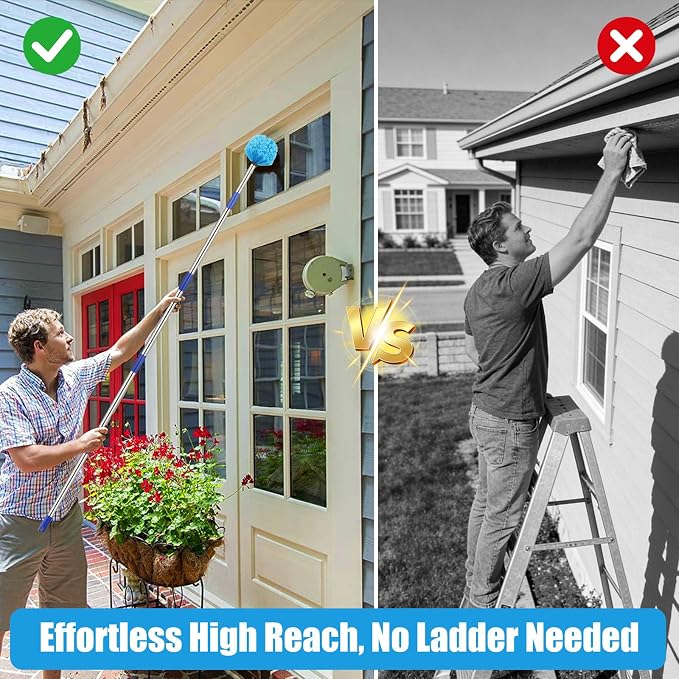 Cobweb Duster with Extension Pole - 8 FT Lightweight Stainless Steel Extendable Duster Ceiling Fan Duster for High Ceilings, Medium Stiff PET Bristle Spider Web Brush for Indoor/Outdoor Cleaning