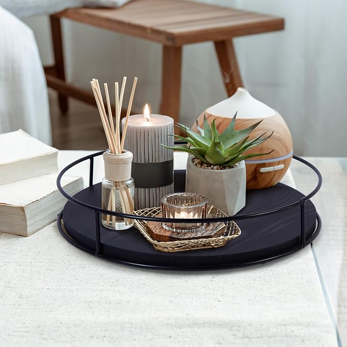 [ 2 Pack ] 9" & 10" Black Wood Lazy Susan Organizers with Steel Sides