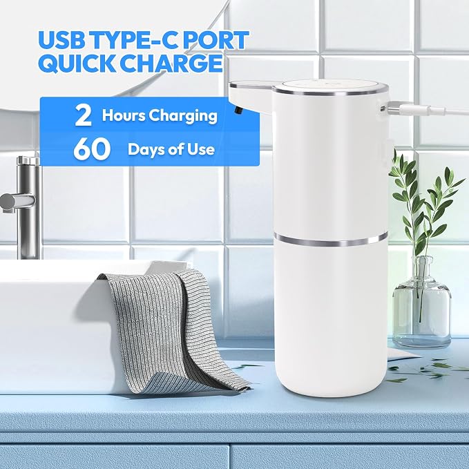 Automatic Foaming Soap Dispenser,Touchless Foam Soap Dispenser,12.8oz Rechargeable Wall Mounted Smart for Bathroom and Kitchen Dish Soap,Easy for Toddlers(White)
