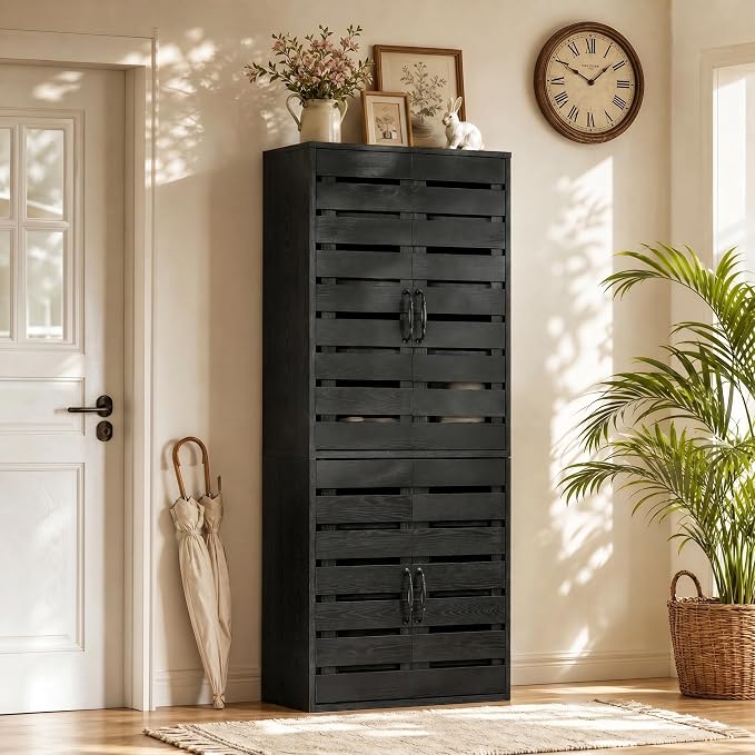 Tribesigns 71 in. Tall Shoe Cabinet with Doors,9-Tier Rustic Black Wood Vertical Shoe Storage with Adjustable Shelves and Metal Handle for Entryway,Living Room,Hallway