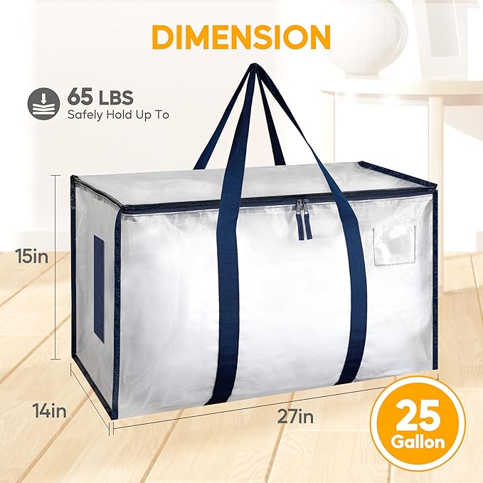 HealSmart 6 Pack Large Moving Bags with Zippers & Handles, Moving Supplies with lids, Heavy Duty Totes for Space Saving, Fold Flat, Moving and Storing, Clear