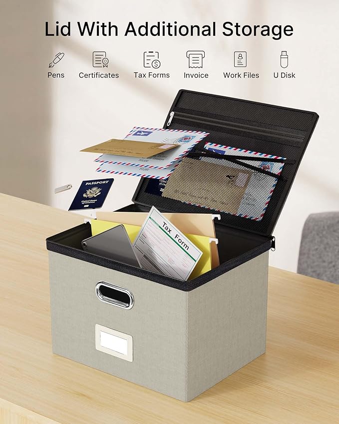 Oterri File Organizer Boxes with Lids, File Box with Mesh Pockets, Document Organizer Box for Letter Size Folders, Zippers Important Document Organizer (Beige, Large-1 Pack Without Folders)