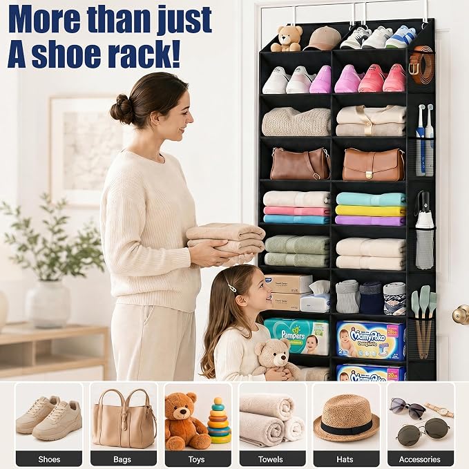 UVIAHOMI 20-30 Pairs Over the Door Shoe Organizer with Side Mesh Pockets, 10-Tier Hanging Shoe Storage for Closet, Breathable Door Shoe Rack Holds Sneakers, Boots, Heels & Daily Essentials, Black